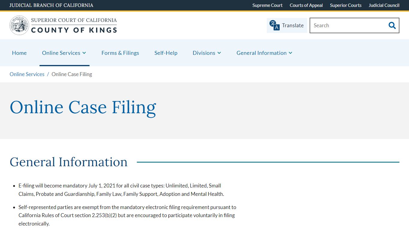 Online Case Filing | Superior Court of California | County of Kings